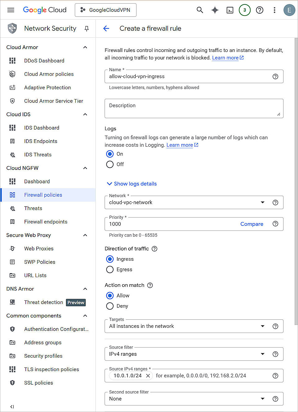 Screen shot of the firewall rule settings in Google Cloud